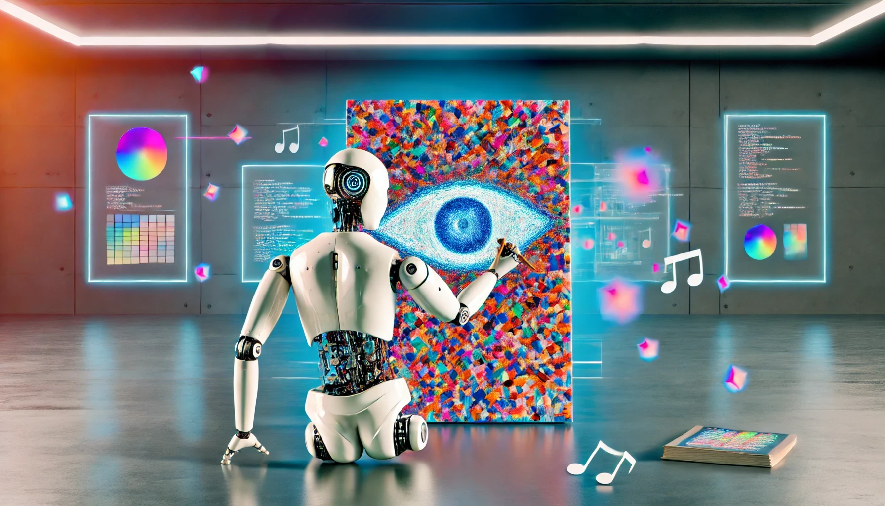 Un'immagine visivamente sorprendente che rappresenta la Generative AI, con un robot futuristico che crea artisticamente arte digitale su una tela. Il robot è circondato da schermi olografici che mostrano vari tipi di contenuti generati, come testo, immagini, note musicali e frammenti di codice. Lo sfondo è uno studio moderno ed elegante con colori vivaci ed elementi digitali.