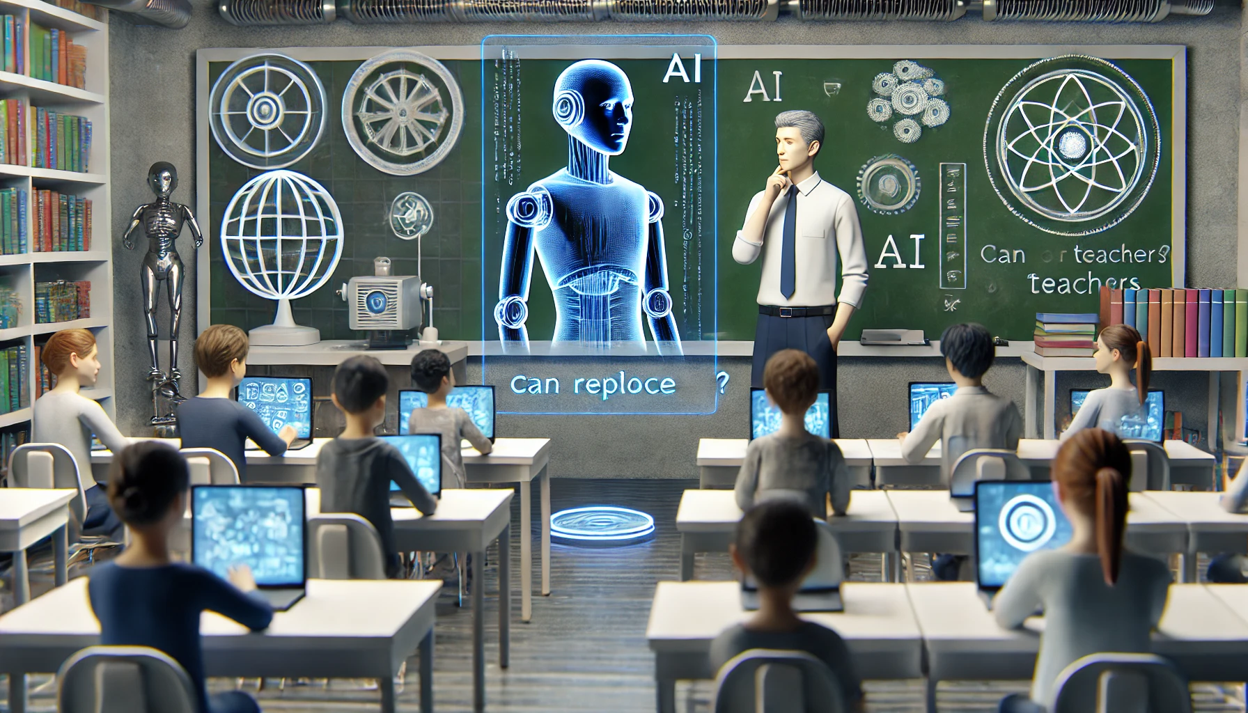 Classe scolastica futuristica con studenti e un insegnante umano interagendo con un robot IA su uno schermo, esplorando se l'IA può sostituire gli insegnanti.