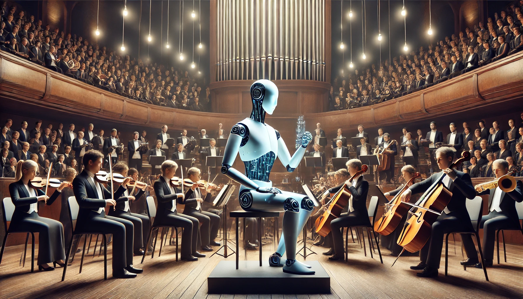 Un'orchestra sinfonica che suona in una sala da concerto con musicisti in abiti formali, accompagnati da una figura robotica futuristica che suona uno strumento digitale, simboleggiando l'integrazione dell'intelligenza artificiale nel mondo del lavoro. L'illuminazione soffusa mette in risalto l'armonia tra musicisti umani e AI.