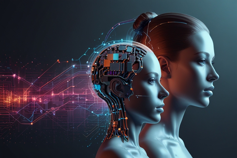 Due figure femminili stilizzate e futuristiche affiancate: una è completamente umana, l’altra ha la testa parzialmente aperta, rivelando un circuito elettronico e componenti digitali. Sullo sfondo si intrecciano linee e impulsi luminosi in tonalità blu e magenta, a rappresentare la connessione tra mente umana e intelligenza artificiale. Atmosf