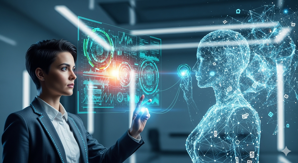 Donna in un ambiente futuristico che interagisce con dati olografici. Accanto a lei, una figura luminosa e trasparente, formata da una rete digitale, rappresenta l'intelligenza artificiale con cui sta collaborando