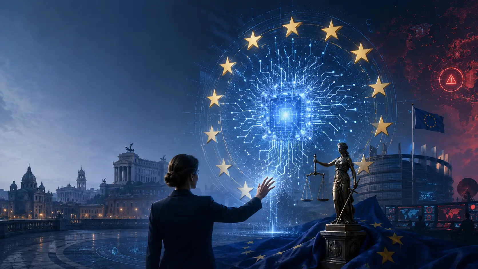 Illustrazione digitale sulla governance europea dell'IA: una figura tocca un chip luminoso circondato dalle stelle dell'UE, con la statua della Giustizia, lo skyline di Roma e il Parlamento europeo sullo sfondo.